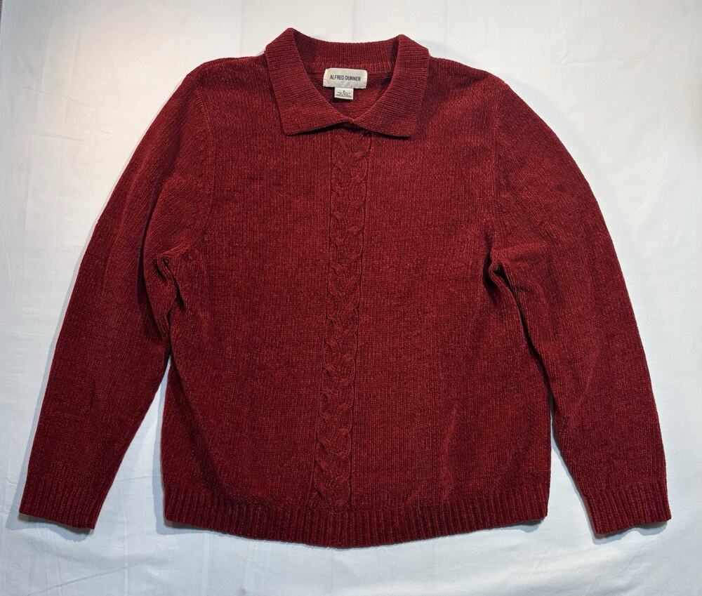 Alfred Dunner Women’s S Red Chenille Sweater Collared Cable Knit Long Sleeve
